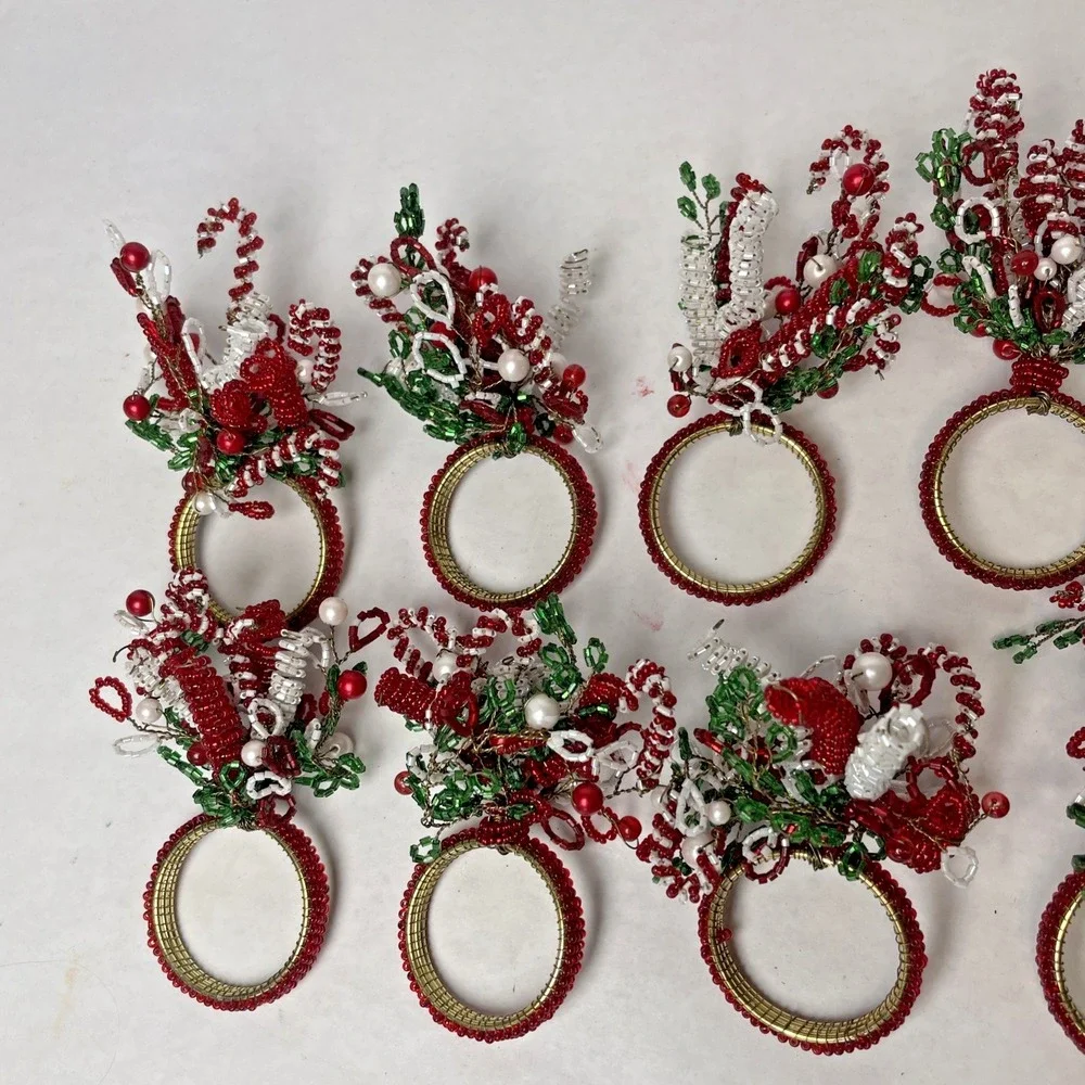 Beaded Holiday Christmas Napkin Ring Holders Set Of 8